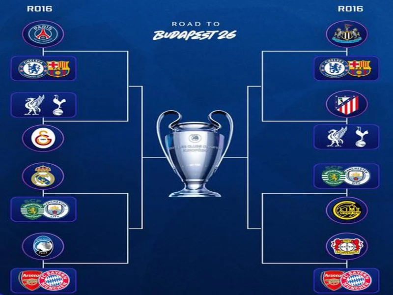 欧冠淘汰赛16强对阵:曼城vs皇马,切尔西vs巴黎,纽卡vs巴萨